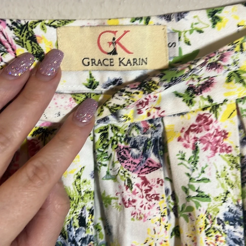 Grace Karin Floral Pleated Midi Knee Length Skirt Small